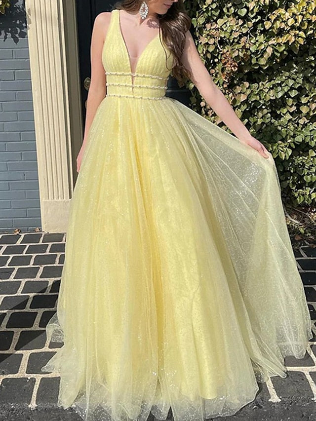 Robe de Bal Longue Au Sol à Col en V et Coupe A-Line/Princess
