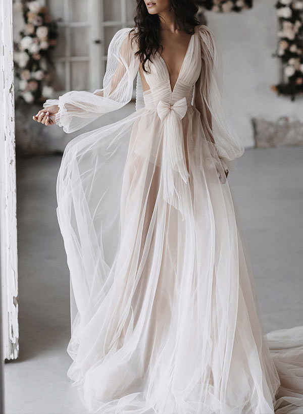 Robe de Mariée Longue Au Sol à Col en V et Coupe A-Line/Princesse