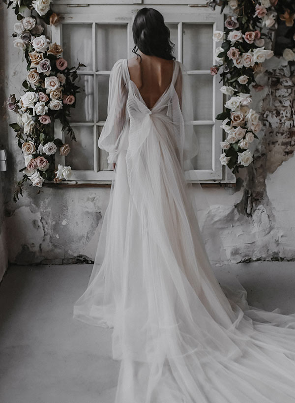 Robe de Mariée Longue Au Sol à Col en V et Coupe A-Line/Princesse