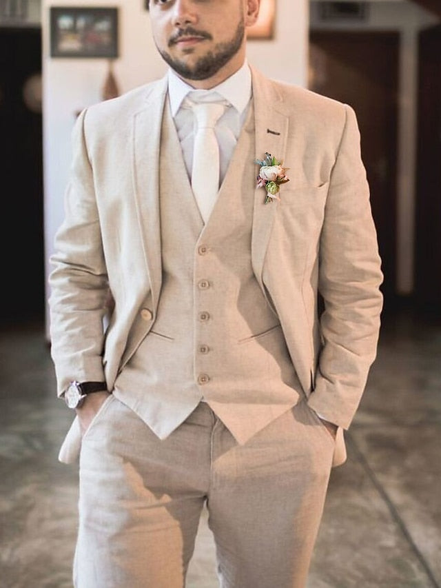 Costumes 3 Pièces en Lin à Coupe Ajustée pour Hommes, à Simple Boutonnage et à Deux Boutons