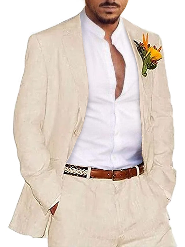 Costumes 2 Pièces en Lin de Couleur Unie à Simple Boutonnage et Deux Boutons pour Hommes, Coupe Ajustée