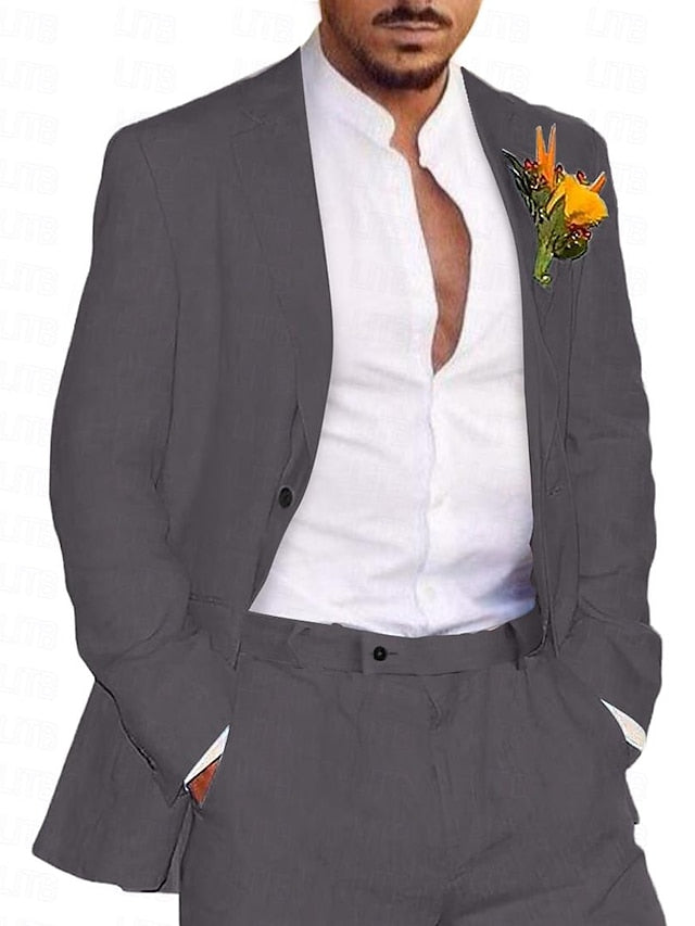 Costumes 2 Pièces en Lin de Couleur Unie à Simple Boutonnage et Deux Boutons pour Hommes, Coupe Ajustée