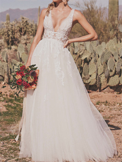 Robe de Mariée Longue Au Sol à Col en V et Coupe A-Line/Princesse