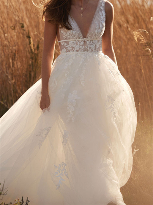 Robe de Mariée Longue Au Sol à Col en V et Coupe A-Line/Princesse