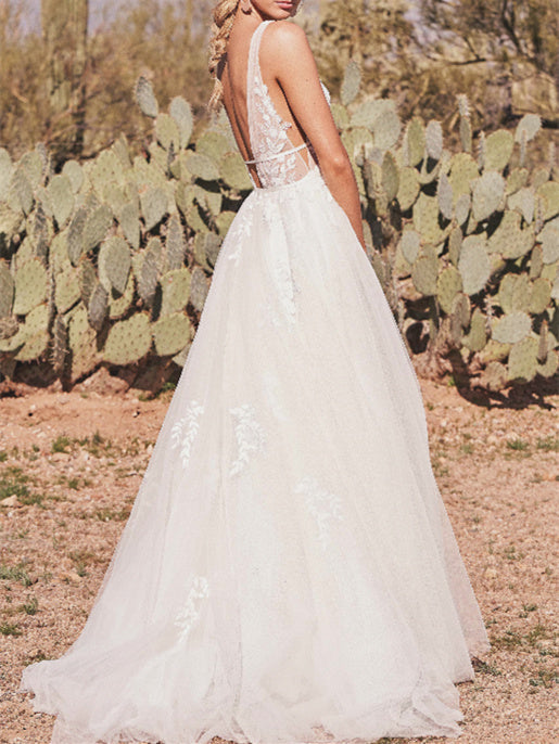 Robe de Mariée Longue Au Sol à Col en V et Coupe A-Line/Princesse