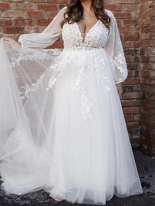 Robe de Mariée Longue Au Sol à Col en V et Coupe A-Line/Princesse
