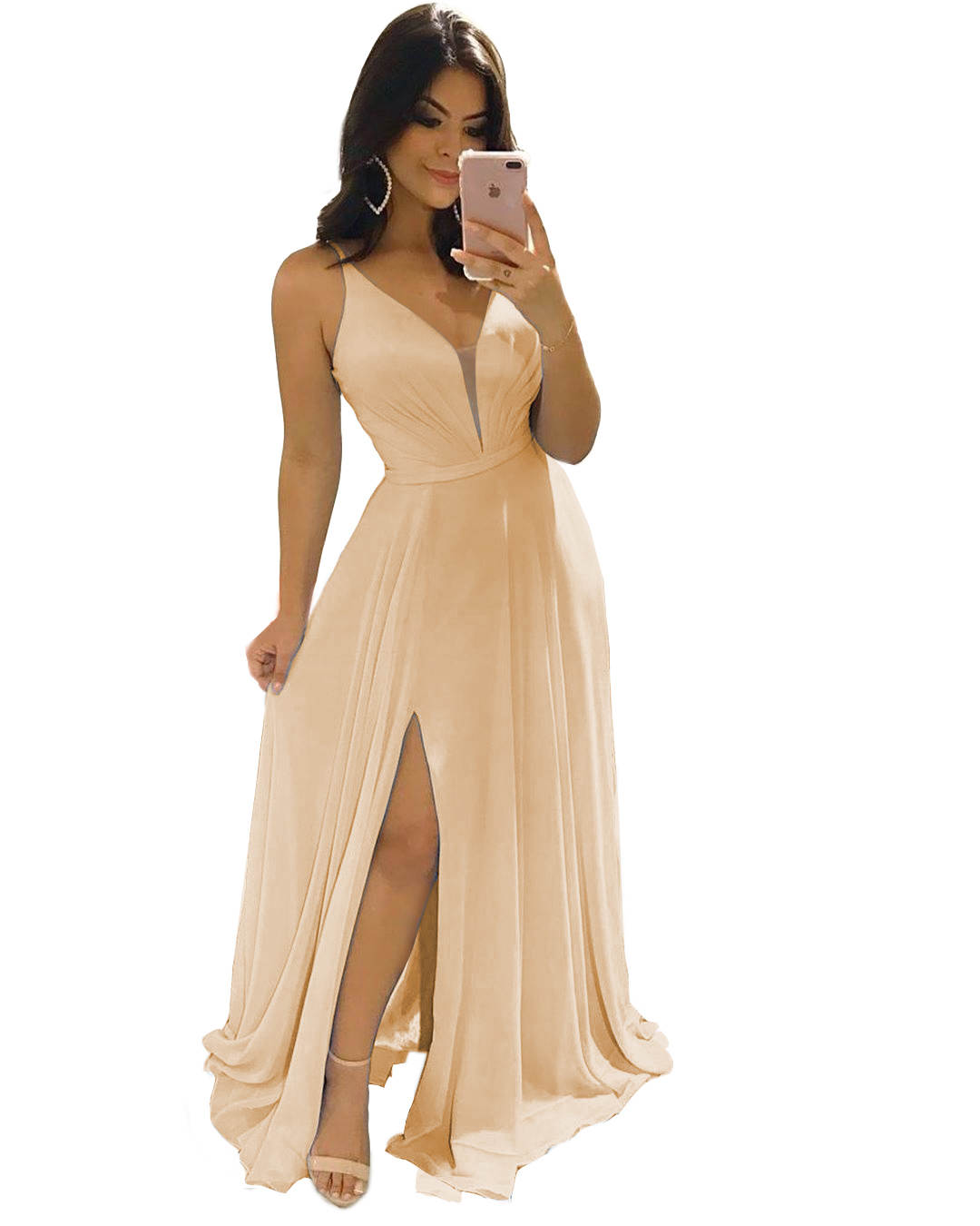 Robe de Demoiselle D'Honneur Coupe A-Line/Princess, Col en V, Sans Manches, Longueur Au Sol, avec Volants