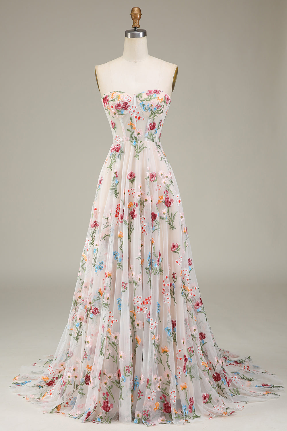 Robe de Soirée Trapèze/Princesse à Fleurs, Sans Bretelles, Longueur Au Sol, avec Broderies