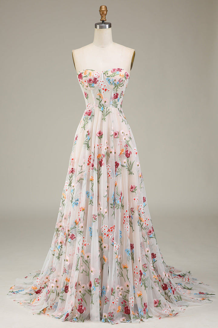 Robe de Soirée Trapèze/Princesse à Fleurs, Sans Bretelles, Longueur Au Sol, avec Broderies