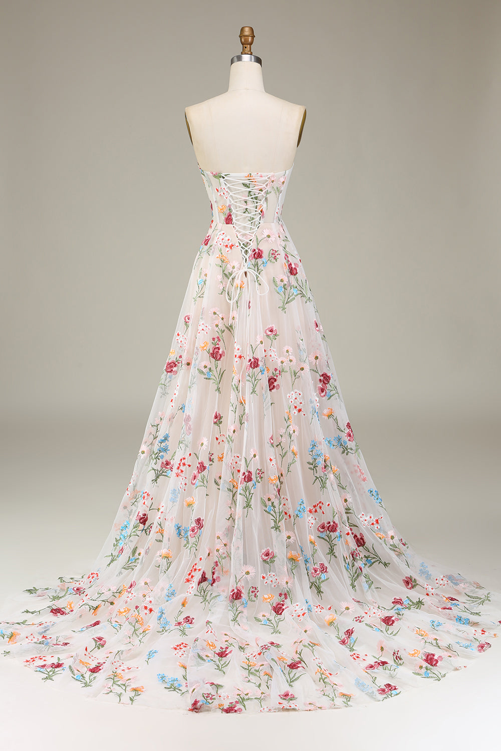 Robe de Soirée Trapèze/Princesse à Fleurs, Sans Bretelles, Longueur Au Sol, avec Broderies