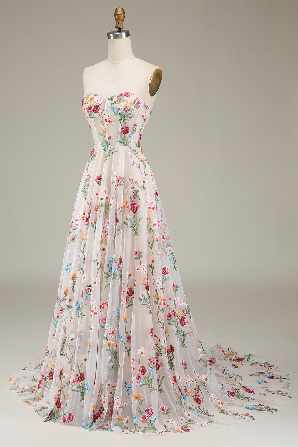 Robe de Soirée Trapèze/Princesse à Fleurs, Sans Bretelles, Longueur Au Sol, avec Broderies