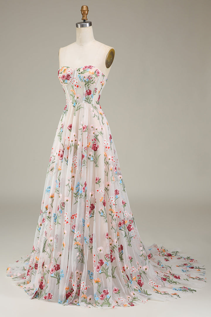 Robe de Soirée Trapèze/Princesse à Fleurs, Sans Bretelles, Longueur Au Sol, avec Broderies