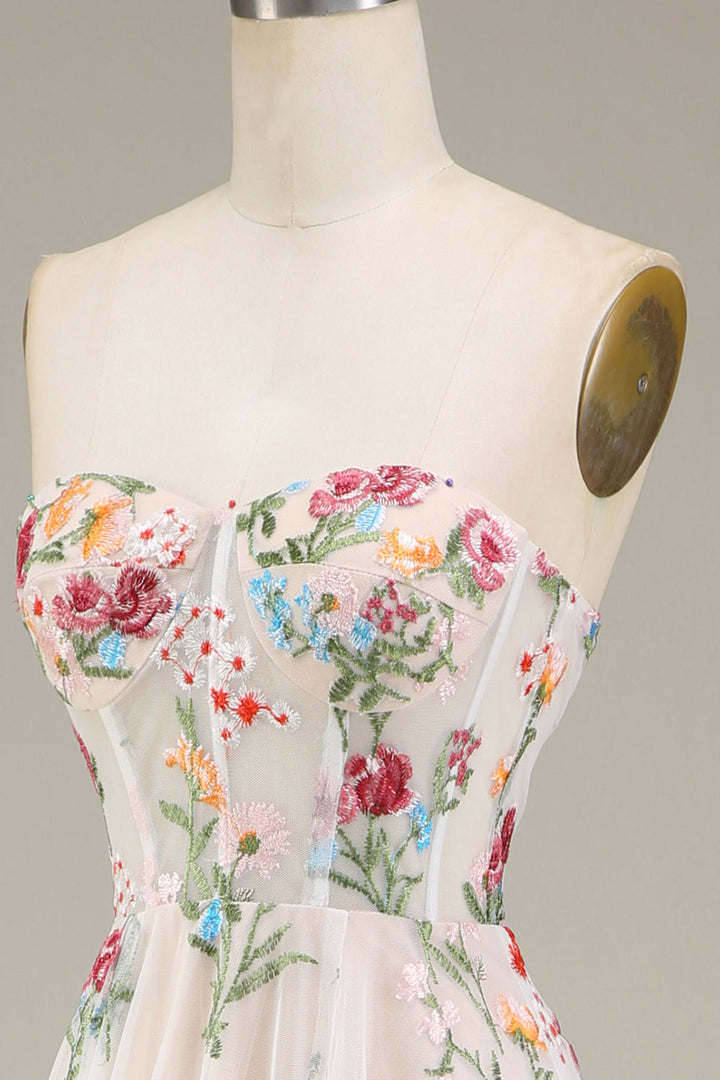 Robe de Soirée Trapèze/Princesse à Fleurs, Sans Bretelles, Longueur Au Sol, avec Broderies