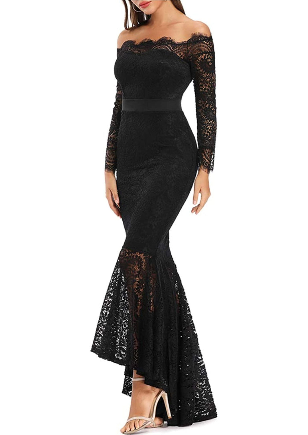 Robe de Mariée Sirène à Manches Longues et Épaules Dénudées en Dentelle Florale pour Femme