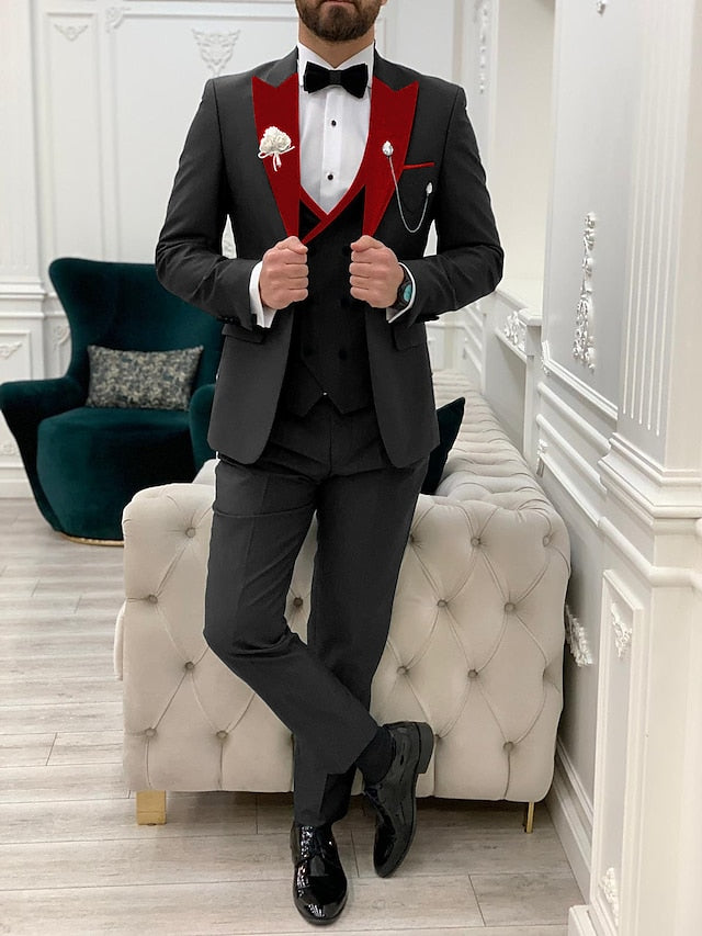 Costumes de Mariage 3 Pièces pour Hommes, Coupe Ajustée, Simple Boutonnage, Couleur Unie