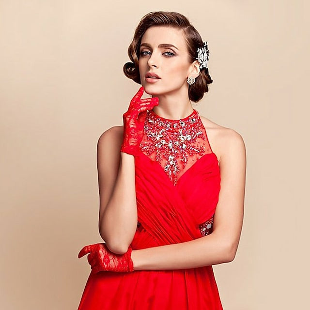 Gants Classiques/Romantiques en Dentelle/Tulle Jusqu'Au Poignet avec Couleur Pure