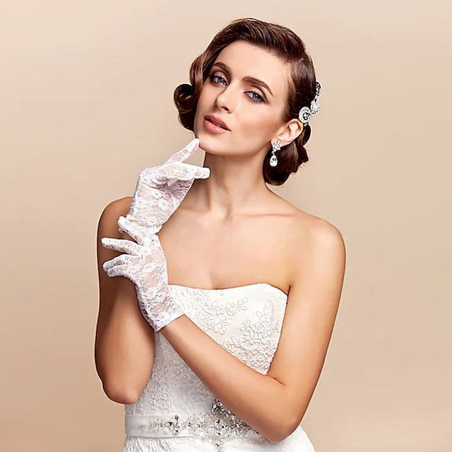 Gants Classiques/Romantiques en Dentelle/Tulle Jusqu'Au Poignet avec Couleur Pure