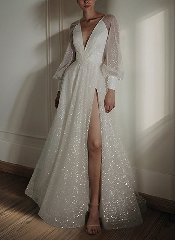Robe de Mariée Longue Au Sol à Col en V et Coupe A-Line/Princesse