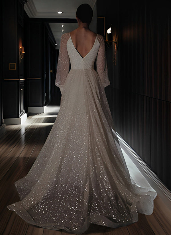 Robe de Mariée Longue Au Sol à Col en V et Coupe A-Line/Princesse