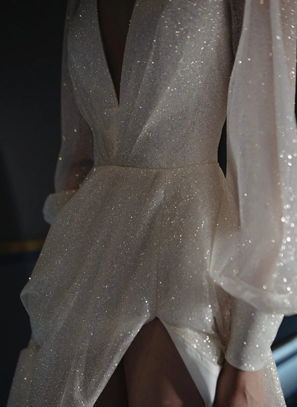 Robe de Mariée Longue Au Sol à Col en V et Coupe A-Line/Princesse