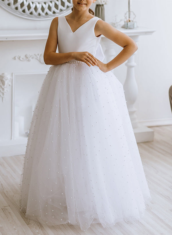 Robes de Fille Coupe A/Princesse avec Nœud Papillon et Perles