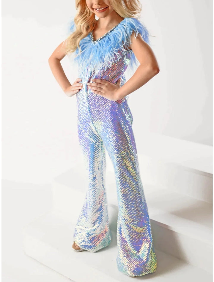 Combinaisons Licorne Arc-En-Ciel Sans Manches à Col en V pour Filles avec Plumes et Traîne Watteau