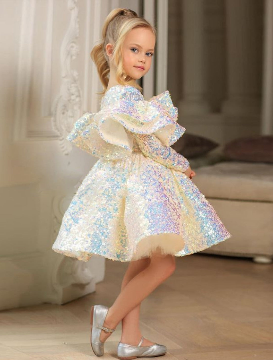 Robe de Bal Princesse à Manches Longues et Paillettes pour Petite Fille avec Volants