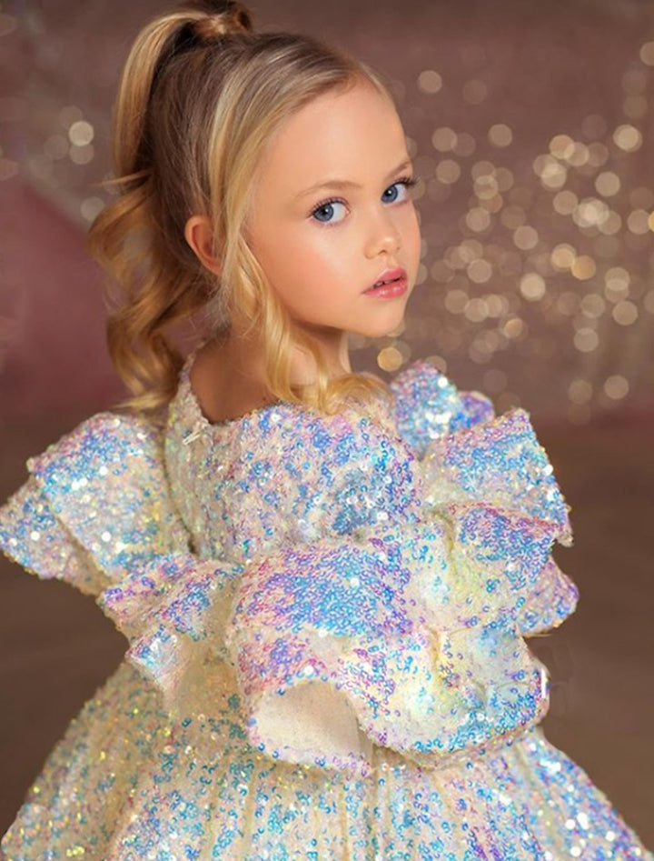 Robe de Bal Princesse à Manches Longues et Paillettes pour Petite Fille avec Volants