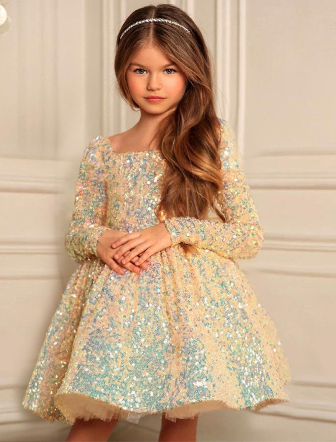 Robe de Bal Princesse à Manches Longues et Paillettes pour Petite Fille