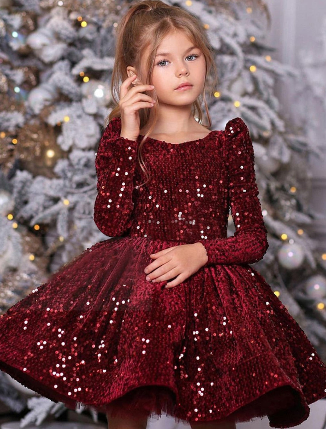 Robe de Bal Princesse à Manches Longues et Paillettes pour Petite Fille