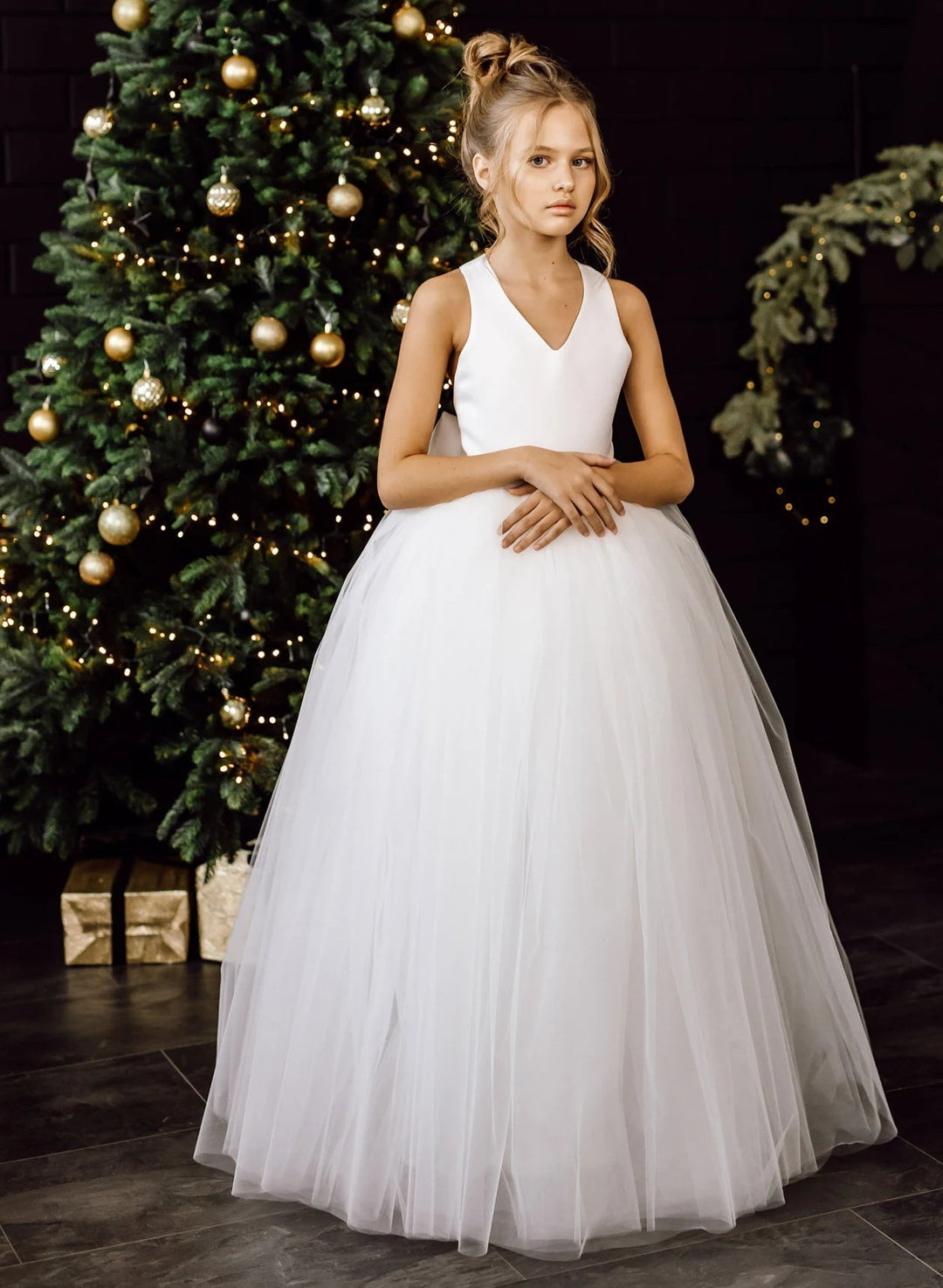 Robe de Demoiselle D'Honneur en Tulle à Col en V et Coupe Princesse avec Nœud