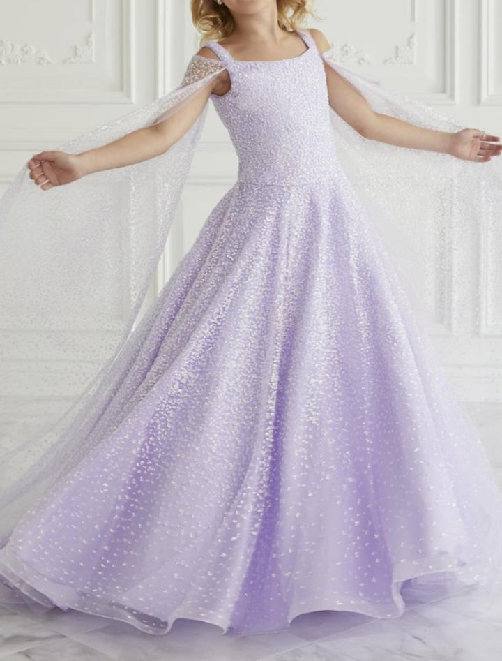 Robes de Fille Coupe A-Line/Princess à Encolure Carrée avec Paillettes et Traîne Watteau