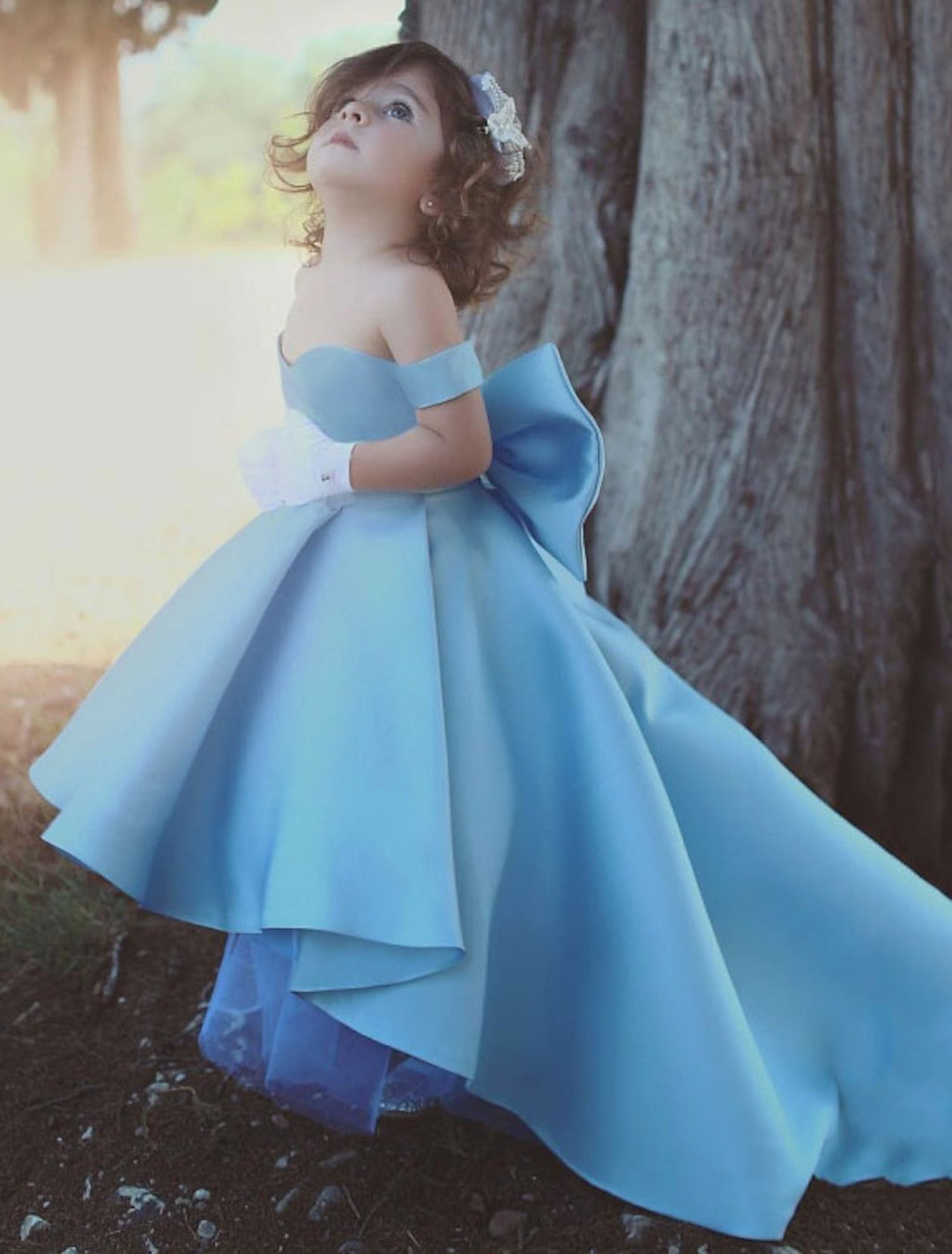 Robe de Petite Fille en Satin à Épaules Dénudées, Coupe A-Line/Princess, avec Nœud