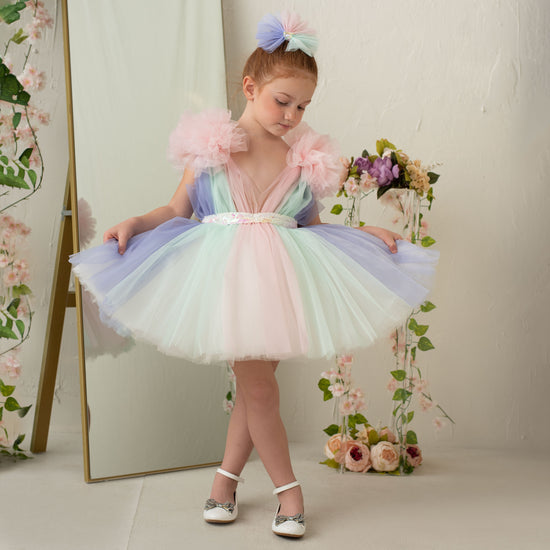 Robe de Bal en Tulle Arc-En-Ciel pour Petite Fille avec Volants