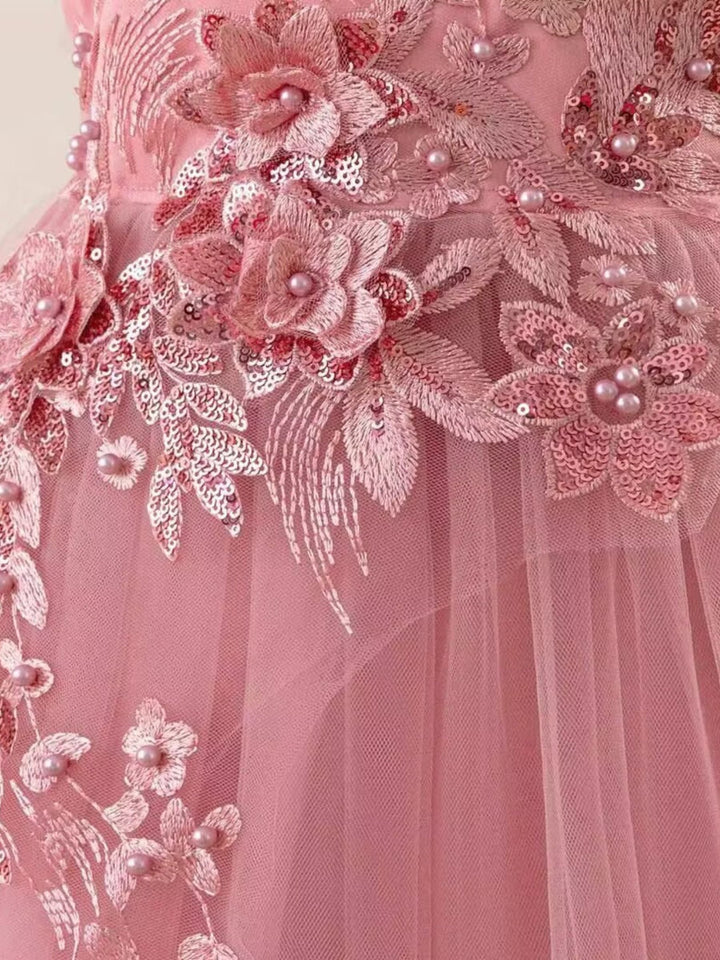 Robe de Bal à Épaules Dénudées Sans Manches pour Demoiselle D'Honneur avec Appliques et Broderies