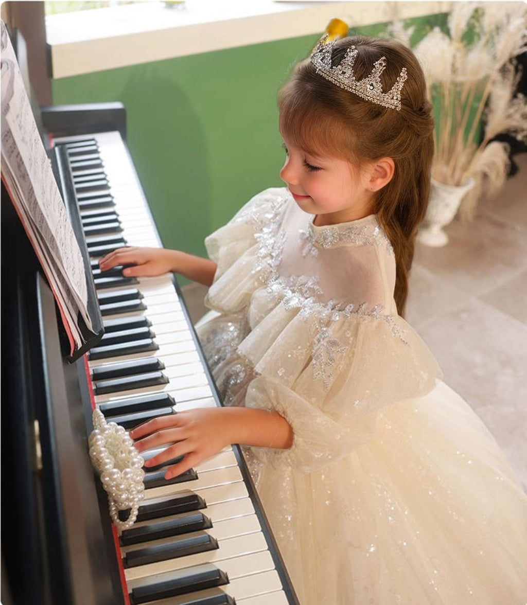 Robe de Demoiselle D'Honneur en Dentelle à Manches 3/4 et Col Haut, Coupe Trapèze/Princesse, avec Appliques en Strass