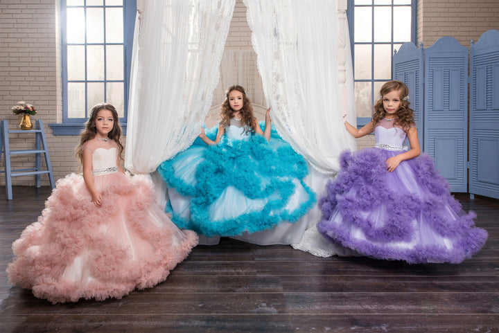 Robe de Bal à Volants Superposés pour Fille de Fleur avec Strass