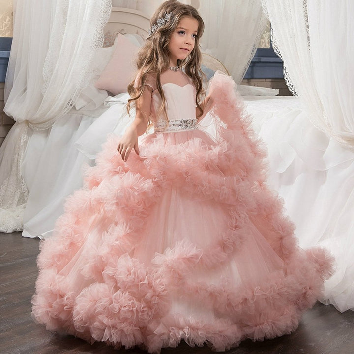 Robe de Bal à Volants Superposés pour Fille de Fleur avec Strass