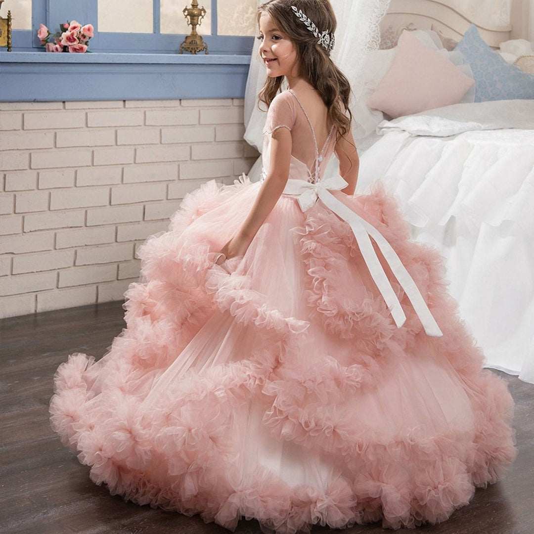 Robe de Bal à Volants Superposés pour Fille de Fleur avec Strass