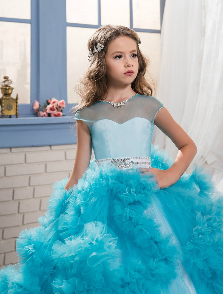 Robe de Bal à Volants Superposés pour Fille de Fleur avec Strass