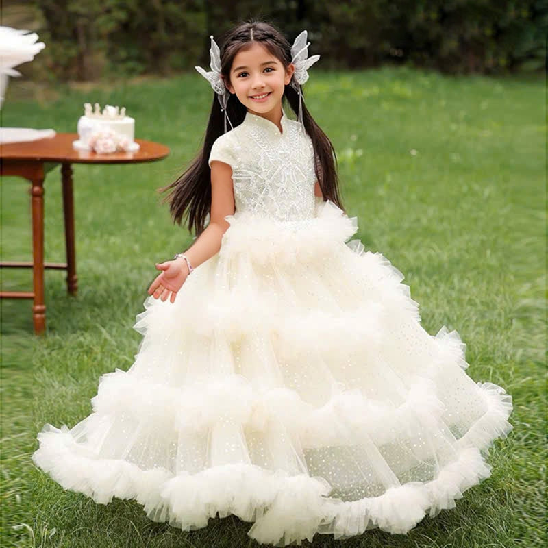 Robe de Bal à Col Haut et Manches Courtes à Volants pour Fille avec Strass