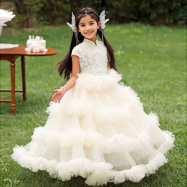 Robe de Bal à Col Haut et Manches Courtes à Volants pour Fille avec Strass