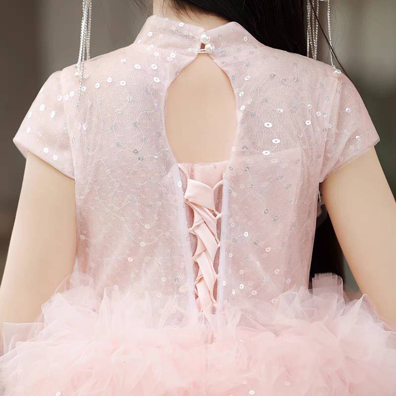 Robe de Bal à Col Haut et Manches Courtes à Volants pour Fille avec Strass