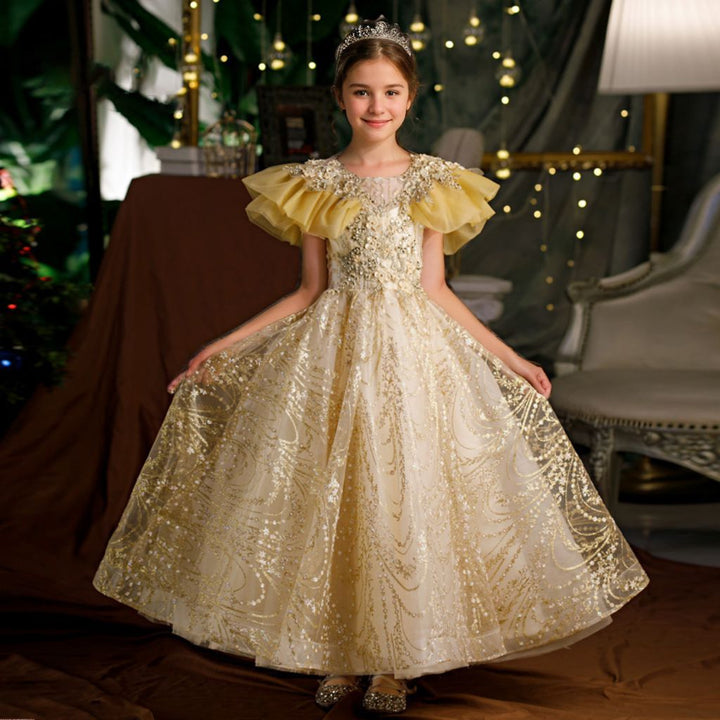 Robe de Soirée Trapèze/Princesse à Manches Volantées pour Fille avec Appliques en Strass