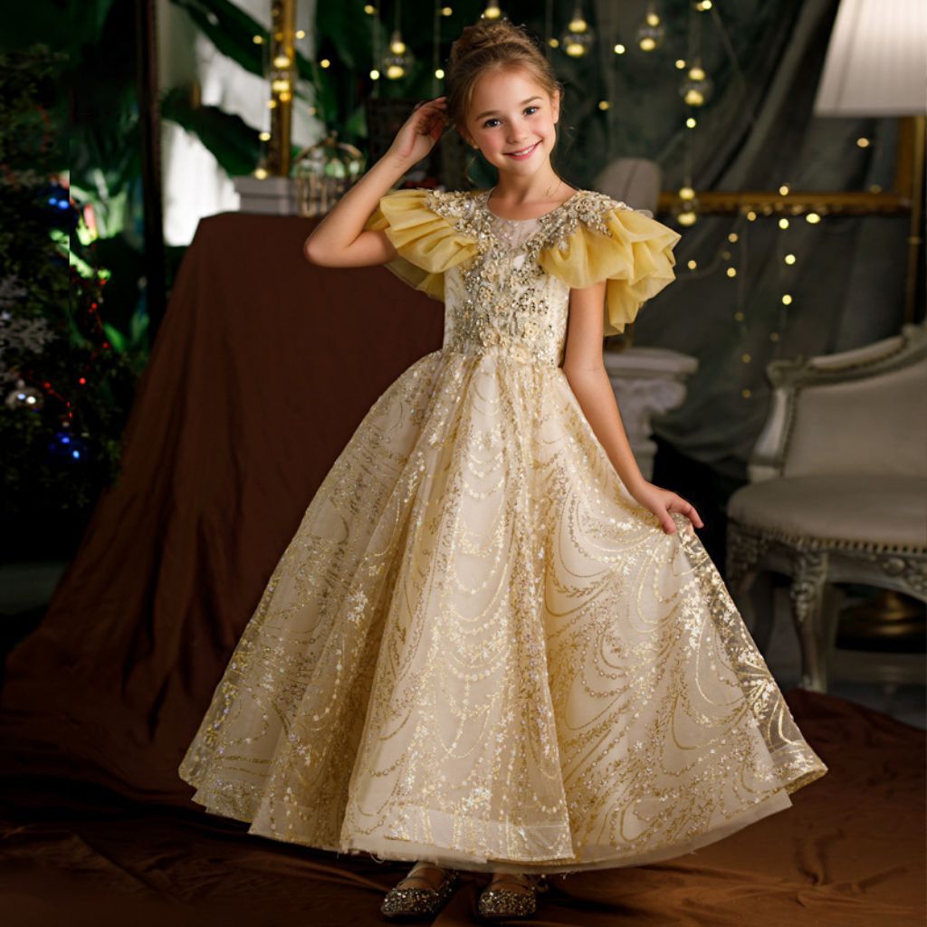 Robe de Soirée Trapèze/Princesse à Manches Volantées pour Fille avec Appliques en Strass