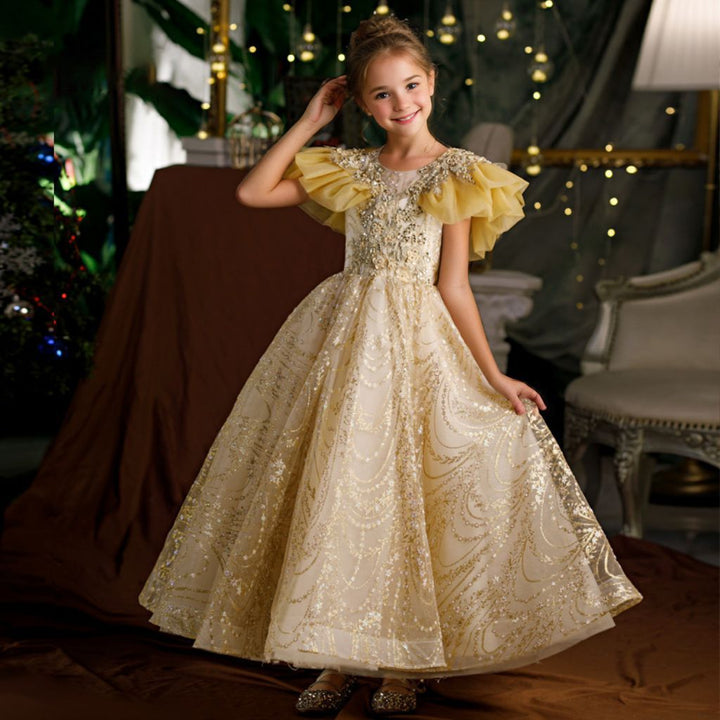 Robe de Soirée Trapèze/Princesse à Manches Volantées pour Fille avec Appliques en Strass