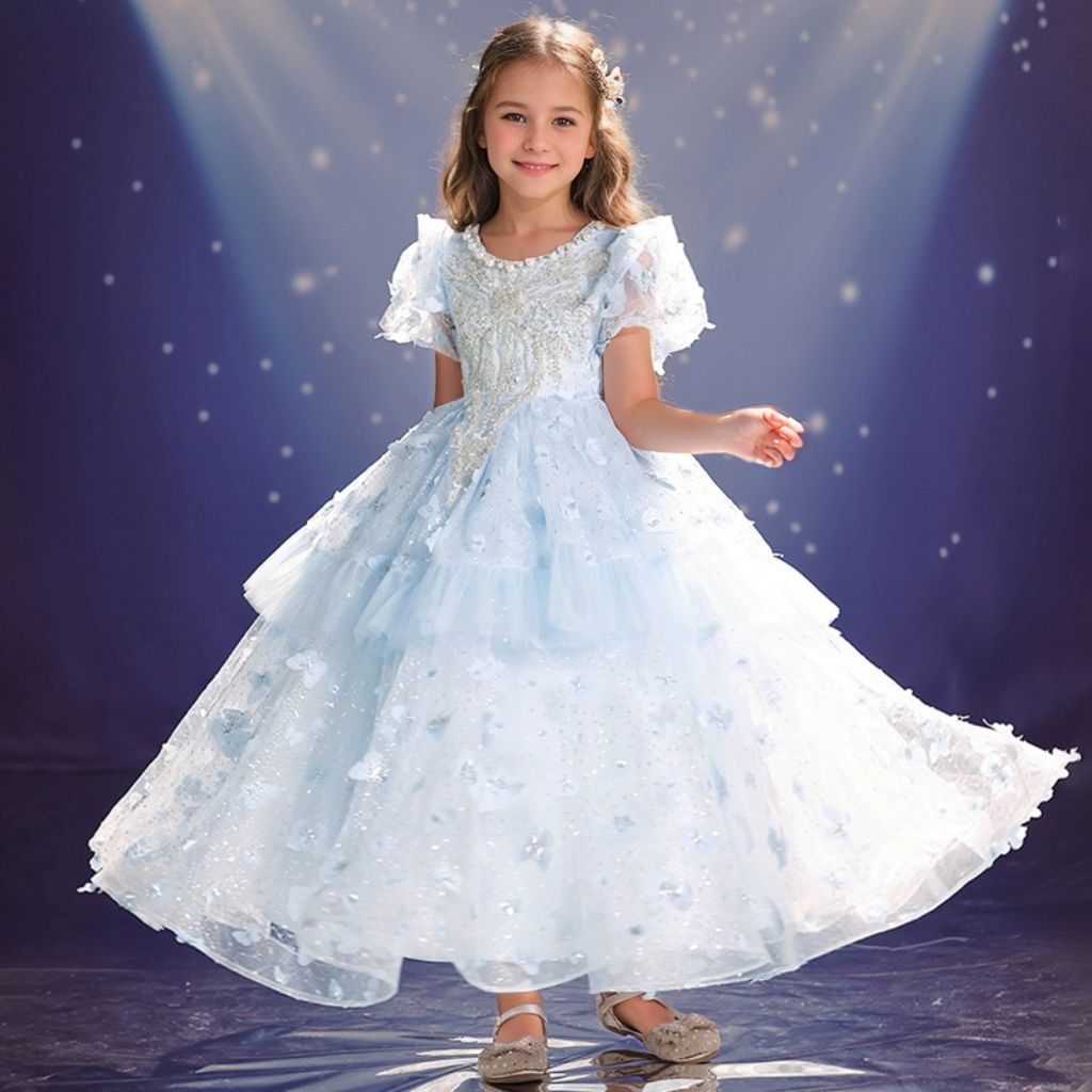 Robe de Soirée Princesse à Col Rond et Manches Courtes pour Fille avec Perles et Appliques en Strass