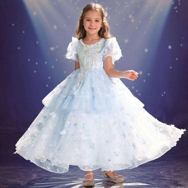 Robe de Soirée Princesse à Col Rond et Manches Courtes pour Fille avec Perles et Appliques en Strass