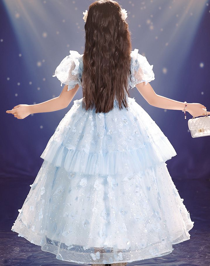 Robe de Soirée Princesse à Col Rond et Manches Courtes pour Fille avec Perles et Appliques en Strass