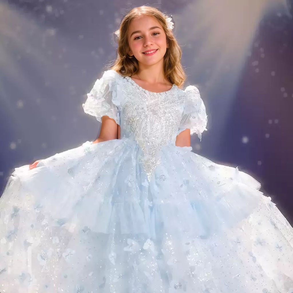 Robe de Soirée Princesse à Col Rond et Manches Courtes pour Fille avec Perles et Appliques en Strass